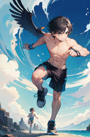 Percy Jackson, 13 years old kid, masterpiece, highres, average height, athletic, very slight muscles, raven black hair, messy hair, slightly short hair, shirtless, tanned mediterranean skin, sea green eyes, handsome face, smirking, looking at viewer, injured, Percy is standing and you can see his full body from head to toe in the picture. He is wearing black running shoes and shorts, and is shirtless. He is rolling his wrists. He is thin with slight hints of muscle. He is running and rolling his wrists. He is running. He is running after a car. He is thin and lean with slight hints of muscle. He is a 13 year old kid. He looks badass
