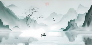 There was a boat floating in the water?Birds fly on it, in a serene landscape, Chinese landscape, Chinese style painting, serene illustration, inspired by Ma Yuan, Chinese painting style, peaceful scenery, chinese watercolor style, author?Xu Xi, serene scene, inspired by Xie Shichen, peaceful scene, author?Qu Leilei, China ink painting, Traditional Chinese Ink Painting