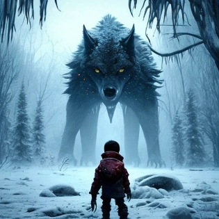 Starvation black monster wolves with red eyes, fight in the ice age Scenery, : concept art::1 cyberpunk::1 splatter paint::1 wide angle lens::2 Zdzislaw Beksinski style, and a little prince boy walks to the Shining Ethereum shape sun, in winter storm, ultra detailed| 4k --v 4