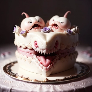 Wedding cake that is really a (Mimic in disguise with mouth wide open showing teeth and long tongue in cake:1. 4)| (evil creature| dnd)| Intricate decorations| Edible flowers| Elegance| Digital Art| Photorealistic| High contrast| Soft shadows| Three-quarter view| Detailed textures| Rich colors| Depth of field| Ambient lighting