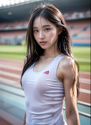 1 woman, 8k, RAW photo, (top quality, masterpiece, intricate detail: 1.4), (realistic, photorealistic: 1.3), (realistic: 1.3), photorealistic, Japan female track and fielder, (rainy weather)), ((woman standing on the track in the stadium: 1.8)), (beauty like an actress in Japan), (heavy rain), (((thin track and field team tank top)) , (Tank top of the track and field team with pale color of the track and field team), (Tank top of the track and field team that gets wet from the rain and sticks to the skin), Wet colored bloomers, (Wet hair), (Wet bangs), Wet skin, (Transparent nipple protrusions), (Detailed, (Detailed, 13 years old, (Small face: 1.5), (Tense expression), Light makeup, Thin eyebrows, Detailed and beautiful face, detailed eyes, (tear bags: 1.5), detailed fingers, detailed legs, detailed skin, medium breasts, shiny hair, shiny skin, wet and dripping hair, wet and dripping skin, wet and dripping tank top, (no bra), (no underwear)