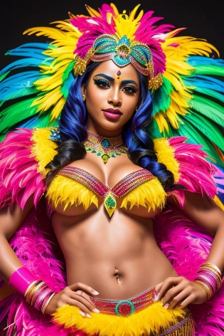 female dressed in brazilian carnival outfit, bright expressive colors, gorgeous, attractive, flirting, (((full body visible))), looking at viewer, portrait, photography, detailed skin, realistic, photo-realistic, 8k, highly detailed, full length frame, High detail RAW color art, piercing, diffused soft lighting, shallow depth of field, sharp focus, hyperrealism, cinematic lighting