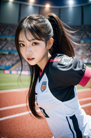 Capture a solo idol, Specifically, Eri Kamei, Cosplay as a soccer player. The stage is a soccer field?A soccer ball stands out in the frame. She wears a full football uniform, Including soccer cleats, Shingard, Jersey with team emblem or logo. The jersey number is prominently displayed. The style is?Should be ultra-realistic with a focus on details. Lighting should highlight her, Put her at the center, The football field is slightly darkened in the background. the colors should be vivid, Especially the team colors of the uniforms. The composition should be a wide shot, Capture her full appearance, 16 in:9 aspect ratio. Use photo hyper-realism, Highly detailed, and high-resolution 16k.
--ar 16:9 - V5.1 --Style raw --Q 2 --S 750