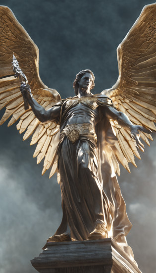 Close-up of winged angel statue, angel of death, angel of death, unreal engine rendered + A god, villain has gold angel wings, the angel of death with a halo, angel in plastic armor, flowing white robe, portrait of the angel of death, angel knight gothic boy, full - body majestic angel, angel protecting man, Cover art, Take control of life, Stick to life, Album cover of a song titled 
