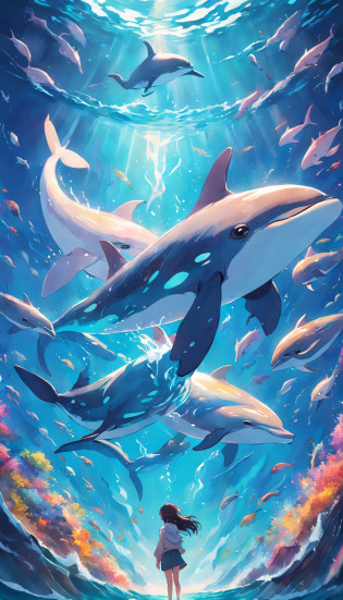 Painting of a pod of dolphins swimming in colorful ocean, Look up at the composition?sky whales, Inspired by Cyril Rolando, dreamy psychedelic anime, colorful anime movie background, A beautiful artwork illustration, author?Shitao, colorful concept art, Makoto Shinkai Cyril Rolando, In the style of Cyril Rolando, flying whale, Highly detailed watercolor 8K, highly detailed water colour 8 k?octane?Fine?Realistic?8K?Estilo de Makoto Shinkai( reasonable design, Clear lines, High sharpness,Best quality, Very detailed, Masterpiece, movie light effect, 4K )