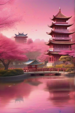 a poster?There is a gazebo in the middle, pink zen style, pink landscape, The national style is super fine, digital painting of a pagoda, Beautiful rendering of the Tang Dynasty, pink pastels, A pink forest in the distance, heaven pink, Chinese architecture