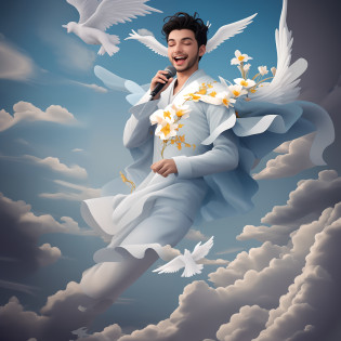 famous Brazilian singer Gabriel Diniz is a singing angel floating among the clouds in the sky just like divine angels, He's got microphone in hand, extraordinary and beautiful archangel wings protruding from your back, asas iguais as do arcanjo gabriel, He's singing, Divinely angelic illumination arising and illuminating the singer, He is a modern angel and wears an extravagant coat with colorful flowers painted, casaco estilo anos 80, casaco aberto mostrando camiseta por dentro, barba curta, Its colorful is at odds with the sky and clouds that are in light and angelic tones, o cantor traz cor e vida para o ceu, cores representam a alegria do cantor, imagem transmite a paz do ceu e a alegria do cantor, Small silhouettes of almost invisible little angels watch the singer's show in the sky, aparencia igual ao cantor gabriel diniz, Gabriel Diniz in Doming�o do Faust�o, GD, roupas semelhantes as de gabriel diniz no seu dvd em fernando de noronha, autor do hit jenifer foi a mais ouvida em plataformas digitais, arte com com detalhes absurdos, 8k