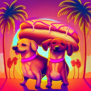 very cute hot dogs with cute buns, hugging tight, happy, synthwave, with palm trees, glow --v 4