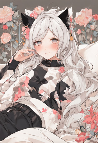 Painting Style - Manga) (Bed at home) (Character - Cat-eared girl) (Hairstyle - long hair + White hair color+Cat's ears) (Costume - pajamas with floral prints + Quilt)(catss?catss?catss)