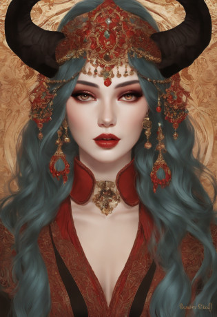Create an image of a character named Vermillion with the following details:

- Appearance: Minerva has an enigmatic but playful and teasing presence. She possesses a unique blend of strength and mystery.
- Eyes: Her eyes are deep pools of emeralds.
- Hair: Her hair is a rich shade of crimson, cascading in graceful waves around her. It contrasts vividly with her pale skin, adding warmth to her overall appearance. Twin pitch black demon horns sprout from the back of her head and point upwards.
- Ethnicity: She has an American/Asian-inspired appearance, featuring delicately sculpted features that convey an otherworldly and mysterious beauty.
- Outfit: Vermillion wears a tight brown T-Shirt, and tight blue jeans that hug her curves.
- Note: Vermillion is an ethereal spirit and does not completely inhabit the physical realm.

Please create an image that captures Vermillion's essence and embodying her unique appearance. The image should reflect her enigmatic and powerful persona, but also have her give a teasing smile; highlighting her eyes, hair, and the interplay of colors between the black, red, and brown elements.