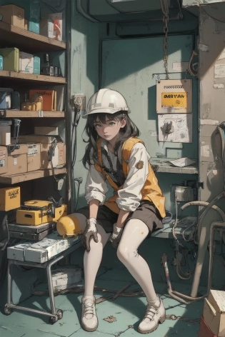 masterpiece, best quality, ultra-detailed, illustration, 1girl, solo, shiny, reflective, latex, work suit, voluptuous, body, squatting, detailed, work shoes, messy, workshop, industrial, high heels, black, red, silver, metallic, gloves, goggles, protective, equipment, machinery, tools, sparks, dirt, grime, oil, stains, sweat, exhaust, pipes, gauges, dials, buttons, levers, cables, wires, hydraulic, systems, hydraulic press, crane, pulley, welding, torch, grinder, drill, saw, hammer, screwdriver, wrench, pliers, spanner, toolbox, fire extinguisher, first aid kit, ventilation, ducts, light fixtures, emergency exit, warning signs, caution tape, posters, calendar, coffee mug, dirty, workbench, storage, shelves, bins, lockers, hard hat, safety vest, ear muffs, face shield, respirator, smoke, fumes, debris, concrete floor, concrete walls, metal beams, rivets, bolts, screws, nuts, washers, chains, ropes, hooks, clamps, magnets, bearings, lubricants, fluids, solvents, adhesives, lubrication, maintenance, repair, overhaul, upgrade, installation, assembly, fabrication, customization, prototype, research, development, testing, quality control, inspection, certification, compliance, regulation, standard, efficiency, productivity, innovation, excellence, satisfaction, teamwork, dedication, professionalism, empowerment, diversity, equality, respect, safety culture, industrial fashion, sci-fi, cyberpunk, dystopian