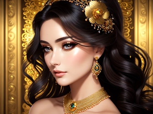 The ultimate beautiful woman stands before you, radiating an ethereal beauty. Her high cheekbones, delicate jawline, and full lips are perfectly proportioned. Her mesmerizing eyes, framed by thick lashes, sparkle with a mysterious allure. Her hair cascades in luscious waves, shimmering in the light. Rendered with hyper-realistic precision by the masterful hands of Gustav Klimt, this art nouveau masterpiece is a true wonder.