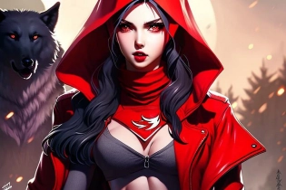 digital painting of red hood (cute but evil teen girl), nice face, with a big scary wolf, trending on Artgerm, Tooth Wu artstation, nice face, short brunette loose hair, eye contact, half-body shot, trending on artstation, photorealism, backlit, ambient lighting, smooth sharp focus, unreal engine, octane render