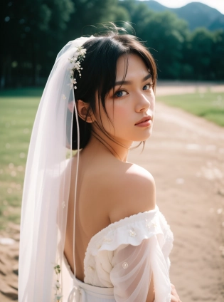 photorealistic, award winning, hyperrealistic, highly detailed, analog photo, film grain, imperfection, bridal robe