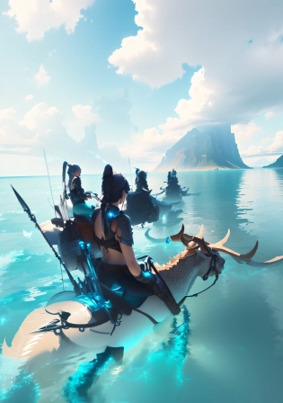 There are people riding on the back of moose in the water, 2. 5D CGI anime fantasy artwork, mermaids riding seahorses, guweits, final fantasy artwork concept, guweiz artwork, epic fantasy digital art style, epic fantasy concept art, water everwhere fantasy, beautiful fantasy anime, final fantasy 1 4 screenshot, beautiful concept art