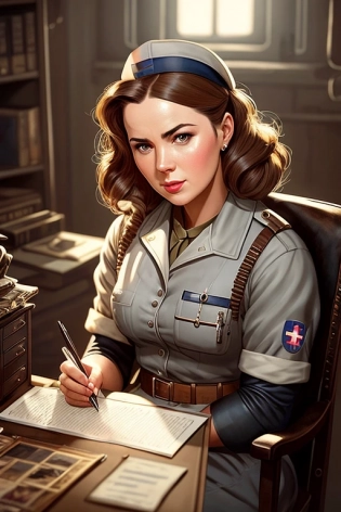 WWII nurse sitting in office, highly detailed, cinematic lighting, concept art, illustration, intricate details, masterpiece, hyper realistic, digital painting, 8k, trending on artstation, by Magali Villeneuve and artgerm and Greg Manchess and Tom Bagshaw and Jeremy Mann,