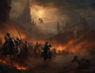 In a post-apocalyptic scene, an epic battle unfolds between the forces of good and evil. The atmosphere is dark and foreboding, with smoky clouds filling the sky. The main focus of the image is a group of powerful angelic figures, their wings spread wide as they play trumpets in unison. The sound resonates through the air, signaling the approaching final battle. These angels are depicted with exquisite detail, from their intricate feather patterns to their majestic expressions. 

On the opposing side, the Four Horsemen of the Apocalypse charge forward on their steeds. Each horseman embodies a different aspect of doom and destruction, clad in armor that reflects their unique characteristics. War, Famine, Pestilence, and Death ride with an air of relentless determination, their eyes glowing with an otherworldly light.

The medium used to depict this apocalyptic battle is a grandiose illustration inspired by Gustave Dore. The level of detail and intricacy is paramount, capturing the intensity and emotion of the scene. The use of shading and dynamic brushstrokes adds depth and texture to the overall composition.

Additional details enrich the image further, such as scattered ruins in the background, remnants of a once thriving city. The symbolism of the battle is enhanced by the inclusion of shattered swords and broken chains, representing the ongoing struggle between good and evil.

To ensure the best quality and realistic portrayal, the image must be ultra-detailed and high resolution. The colors are vivid, with a dark color palette dominated by deep blues and fiery reds. The lighting is dramatic, with shafts of light piercing through the smoky clouds, casting long shadows on the battlefield.

Overall, this prompt aims to capture the epic nature of the final battle in an apocalyptic setting, combining elements of angelic beauty, chaos, and destruction.