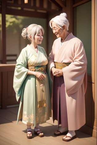Japanese Grand Father and Grand Mother Smile and Talking each other , Digital Painting, Soft Lighting, Japanese Grand Parents Characters, Best Quality, Good Render, 3D Rendering.