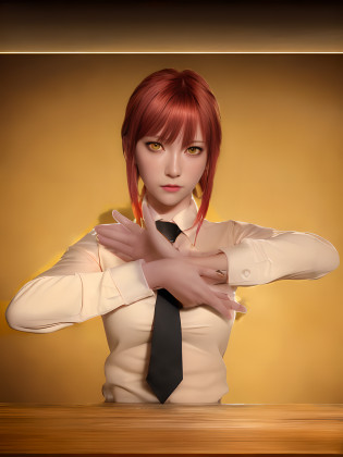 RAW photo, masterpiece, best quality, ultra detailed, ultra realistic, (photo realistic:1.4), cinematic lighting,1girl, solo,pureerosface v1,\[:\(detailed face:1.2\):0.2\],blush,shiny eyes, eye details,wide open big beautiful eyes,looking at viewer, collarbone, bangs, makima\(chainsaw man\), red hair, normal breasts,(bright golden eyes:1.5),(long_tie ,white shirt:1.2), (expressionless:1.5),street background, table, indoor,
<lora:makimaChainsawMan_offset:1>,  <lora:koreanDollLikeness_v10:0.2>