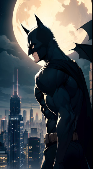This wallpaper captures the essence of Batman's home in the dark night, set against the backdrop of a yellow, bright, and shiny moon in the sky. The scene showcases the iconic Bat-Signal illuminating the Gotham City skyline, emphasizing Batman's eternal vigilance.

The wallpaper features a panoramic view of Gotham City, with towering skyscrapers casting long shadows across the streets. The cityscape is bathed in a deep blue hue, creating an atmosphere of mystery and suspense. The moon, positioned prominently in the upper part of the wallpaper, shines brightly, casting a warm yellow glow over the entire scene.

In the foreground, Batman's home, Wayne Manor, stands as an imposing silhouette against the night sky. The manor's Gothic architecture adds an air of grandeur and darkness to the composition. The mansion's windows emit a soft glow, hinting at the presence of Batman's secret lair, the Batcave.

To enhance the dramatic effect, rain clouds gather over the city, reflecting the moon's radiant light. Raindrops fall gently, adding texture and movement to the wallpaper. The Bat-Signal, projected high into the night sky, cuts through the darkness, symbolizing Batman's commitment to protecting Gotham City from evil forces.batman:1.4 

Overall, this wallpaper captures the dichotomy between light and darkness, highlighting the eternal struggle between good and evil. It serves as a reminder of Batman's unwavering dedication to justice, even in the darkest of nights.