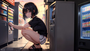 (8k, top quality, masterpiece: 1.2), (realistic, photorealistic: 1.37), super detailed, one girl, one person, (((unkempt hair)), short hair, bob hair, black hair, (long face), breasts small, thin, 16 years old, body small, small body, teenager, ((big eyes)), black and brown pupils, sleepy eyes, eye bags, panda (eyes), helpless eyes, depressed eyes, dark areas around the eyes, ((under shadows)), ((leaning against the vending machine)) (black shirt ) with band, shirt, short sleeves, loose collar, clothing (undergarment), ((looking at the ground)), (head down: 0.8 ), mouth closed, expressionless, (facing down)), ((white shorts: 0.8 ( Bottom))), thigh light, (light from behind) sloppy hands, ((sandals)), ((from the side)), squatting, ((knee in front of chest: 1.2)), canned drink (small), knee closed, vending machine background, outdoor, large ((red vending machine)), red vending machine, (residential area house detail: 1.3) back, (detailed beautiful sky: 1.5), (clouds: 1.4), (uphill alley behind: 1.2), ((alley)), Close lens, road sign