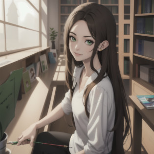 Anime girl with green eyes and brown hair in a library, Anime Moe Artstyle, Anime visual de una chica linda, De Cryptid Academia, seductora chica de anime, Linda sonrisa ligeramente nerd, Atractiva chica de anime, Elf girl, Joven chica anime, Chica alquimista, Chica anime con orejas de gato, Pintado en Anime Painter Studio, con orejas puntiagudas, linda chica de anime