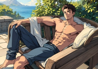 (Masterpiece, the best quality), a boy, high quality, muscular, happy, resting