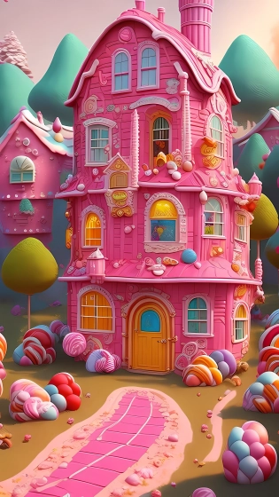 there is a pink house with a lot of candy on the ground, in a candy land style house, candy land, candyland, candy forest, candy - coated, everything is made of candy, candy, fantasy matte painting?cute, made of candy, made of candy and lollypops, candy colors, ????, candy rush, sweets
