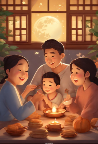(top-quality?8K?tmasterpiece:1.3)?Mid-Autumn Festival scene?Full moon and stars in sky illustration?The family sits together eating mooncakes,Mom and dad laugh with the kids?Have in the living room?Bright house scene?extremely detailed face and skin?Heartwarming scene?Bright house scene?extremely detailed face and skin?Heartwarming scene?perfect  detail? flatillustration? 8 K cartoon illustration