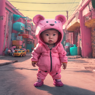 full body shot 8K picture, little  toddler  wearing a big  oversized cute full head  big pastelle pink  cartoon bearcub-mask masquerade with a turqois yellow pink tracksuit on,big belly, fat, in post-apocalyptic rural korea, at an out-of-service gasstation, foggy, smog, dusk, toy tractor, toys, farm equipment,,