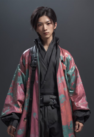 Alavid image of a man in a raincoat and pants, highly detailed kimono, stylish coat for a rave, clothing concept, trigger anime artstyle, wearing japanese techwear, hyperreal rendering, techwear look and clothes, digital art render, realistically rendered clothing, cyberpunk streetwear, inspired by Russell Dongjun Lu, Carnival coat