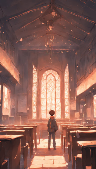 Classroom scene?The dawn is dimly lit?There are two boys?A boy writes homework with a lamp lit in the last row of the classroom?Looking up at another boy who had broken in from the front of the classroom