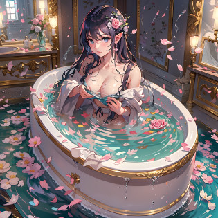nsfw, ((1girl)), ((masterpiece)), realista, ((altamente detalhado:1.3)), Beautiful elf princess bathing in a marble bathtub, ((cabelo loiro muito longo)), cabelo molhado, wearing a pure bathrobe, banho vestido, marfim, Environment of the bathroom of the Royal Palace, vapor, Ornate marble bathtub, (rose petals floating in water:1.3), luz matinal, janelas, twilight lighting, dinamic pose, dinamic angle, anime style
