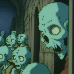 DVD screengrab from studio ghibli movie, zombie horde, designed by Hayao Miyazaki, retro anime, horror