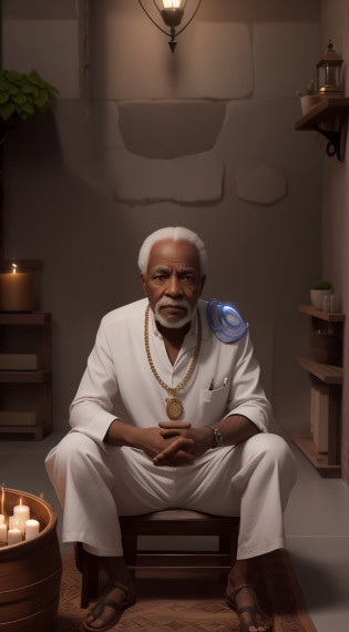 Crie uma imagem hiper realista de um homem velho  afrodescendente, 80 anos, olhos brilhantes, cansados e triste, pele negra, cabelos curto, crespo e grisalho, vestindo um velho, simples, torn white cotton outfit, on the neck crucifix necklaces with seeds and medal, rosto com rugas.  The decoration should be dark old clay wall, with candle lighting with lots of smoke in an intimate and religious atmosphere. 
Use a Sony A7 III camera with an 85mm lens at an aperture setting of F 1.2 para desfocar o fundo. Detailed hand with five perfect detailed humanized fingers. Richness in the features of the face, boca e olhos. Crie uma imagem ultrarrealista que captura a beleza natural e a personalidade, dramatic lighting, ..3d, VFX, 9:16 cinematic lighting, estilo phonk, Estilo UltraVector, hyper realistic, cinemactic, Ultra High Definition, HDR, cinemactic, Realistic, precision detailed (moldura para foto) cintura), imagem central, Estilo, bioluminescente, tamanho real 8, 8K resolution
