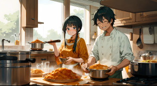 cowboy shot, depth of field, cinematic angle, masterpiece, best quality, super detailed, a couple cooking in the kitchen, cooking curry, smiling