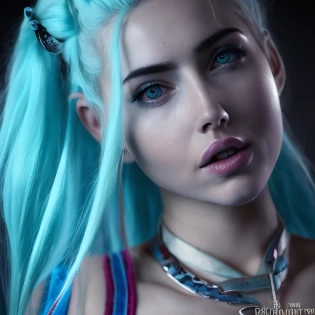 Ana de Armas naked as jinx from arcane standing in a nightclub with light blue hair and long blue plats, blue tattoos on arms, stomach showing, bullet belt with guns, alluring, bedroom scene, cosplay, photo realistic,