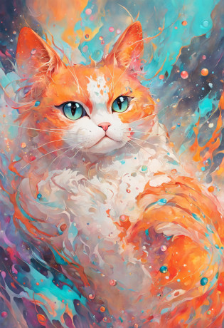 Illustration of an extremely beautiful cat in contemporary figurative diconstruction art, delicate hues, tiny BUBBLES, transmission fluid,oil,triadic alcohol ink marbling, acrylic DUTCH pour painting style by artist Carol Cavalaris ,Tara Turner, Marieka Diepenveen , contrasting hard lines with soft features and mixed emotions., by artist Jason Thielke, fine art, masterpiece,