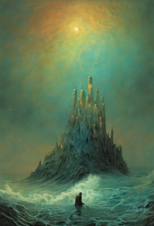 Mythological creatures, por zdzislaw beksinski, Van Gogh, Album cover art, Surrealismo, Futuristic ,underwater, mago, abstrair, Escuro, Landscape