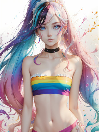 ?Pink fashion T-shirt?1.9???Colorful hair?1.8???Rainbow all colors?1.8??????Vertical painting?1.6)????painting of a?1.6??frontage?comic strip,illustration,painting of a,largeeyes,crystal-clear,?rainbow color gradient high ponytail?1.7?,Delicatemakeup,Keep one's mouth shut,(Small Fresh:1.5),(Bandeau:1.6),long eyelasher,White shoulder T- shirt, White Shoulder Shirt?looking at viewert?watery big eyes?(rainbow colour hair?1.6), color splash, ?solo?1.8?, color splash, color explosion, colour splash, color explosion, Thick lacquer style?Messy lines?((shining)) ?(colorful), (colorful), (colorful), colorful, Thick Paint Style, (Splash) (Color Splash), Vertical Painting, Upper Body, Paint Splash, Acrylic Pigment, Gradient, Paint, Highest Image Quality, Highest image quality, Masterpiece, Solo, Depth of Field, Face Paint, colorful clothes, (ellegance: 1.2), opulent, long whitr hair, ventania, (ellegance: 1.3), (petals: 1.4)?(((masterpiece))),(((Best quality at best))),((ultra�-�detailed)),(illustratio),(dynamic�angle),((floatking)),(Paintwork),((Loose hair)),(solo),(1girl) , (( (Detailed anima face))),((Beautiful detailed face)),collars,bared  chest,whaite hair,((The color hair)),((Striped hair)),Beautiful detailed eyes,(Gradient color eyes),(( ?Colored eyes???????coloured background???????high saturated???????Surrounded by colorful splashes???? --auto
