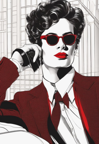 A closeup of a person in a suit and sunglasses on a cell phone, red and cinematic lighting, terno vermelho, vestindo um terno preto e vermelho, cinematic red lighting, retrato de alta qualidade, no fundo vermelho, vestindo trajes formais vermelhos, humor vermelho no fundo, epic and elegant portrait, homem bonito, vestindo jaqueta vermelha, tudo vermelho, vestindo vermelho, tema de cor vermelha