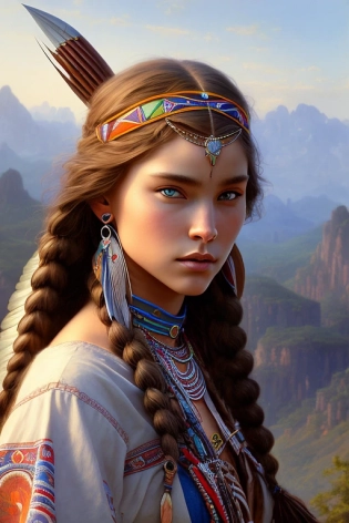 mdjrny-v4 style portrait photograph of Madison Beer as Pocahontas, young beautiful native american woman, perfect symmetrical face, indigenes feather jewelry, traditional handmade dress, armed female hunter warrior, (((wild west))) environment, Utah landscape, ultra realistic, concept art, elegant, ((intricate)), ((highly detailed)), depth of field, ((professionally color graded)), soft ambient lighting, dusk, 8k, art by artgerm and greg rutkowski and alphonse mucha