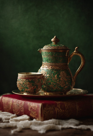 A persian cup of tea, the cup made of glass, add designs on it, dark red tea, feeling persian, hot, add some white sugar cubes around it, dark green background, super details, realistic, photography, photorealism, cinematic lighting, volumetric lighting