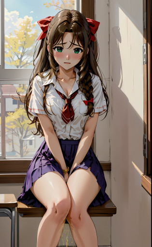 indoors, busy classroom, sitting, a3r1th, upskirt panties view, legs together, a3r1th, peeing, peeing herself, perfect female figure, Aerith Gainsborough, pantyhose, holding pen, green eyes, school uniform, hair bow, bracelet, schoolgirl skirt, looking down nervously, shy, embarrassed, sad, crying, aroused, shocked, panicking, worried, very desperate to pee, urination, legs crossed, rape face, full-face blush, high detail, Realism, Hyperrealism, multiple views, perspective, ccurate, masterpiece, highres, UHD, anatomically correct, super detail, best quality, highres, 8k