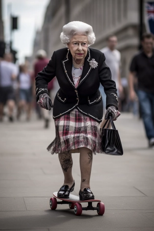 Queen Elizabeth as a punk rocker, riding a skateboard, 50mm lens photography, urban street scene --ar 2:3 --v 5. 1