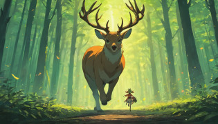 A afraid deer run in forest, hudge fire in forest, forest burned out, running all animals, elephant, deer, jackle, lion, tiger, Birds, parrot, crow, peacock, hud hud bird, dark cloudy environment, morden anime style