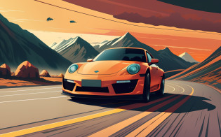 a car driving down a road with mountains in the background, stylized digital illustration, vehicle illustration, vector behance hd jesper ejsing, vector art style, vector art, detailed vectorart, in style of digital illustration, detailed digital illustration, vector artwork, detailed 2d illustration, automotive design art, 4 k hd illustrative wallpaper, highly detailed vector art