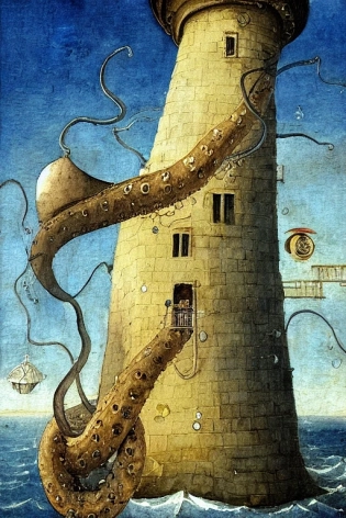 A giant octopus holds a lighthouse in its tentacles painted by hieronymus bosch and americans fine art illustrators 900 in watercolor and oil canvas