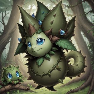 <lora:yugioh:1> a nature duel monster, creature, ents, yugioh art style, plant, solo, tail, vines, branch, grass, smile, shell, thorns, leaf, monster, plant, no humans, green skin, blue eyes, aqua eyes, full body, closed mouth, pokemon (creat, looking