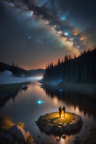 The background is a river landscape of rocks and forests,On the rock sat a man and a woman?as thick as thieves? nighttime nature landscape, milkyway light, milky way environment, Starry Sky 8 K, mikko lagerstedt, magical sparkling lake, spectacular milky way, Milky Way, fog and starry skies, In a mysterious scene, night sky photography, beautifully lit landscape, mystical lake, Beautiful and mysterious